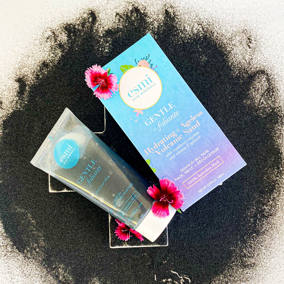 esmi hydrating and ageless volcanic sand gentle foliant contains sodium hyaluronate to combat dryness
