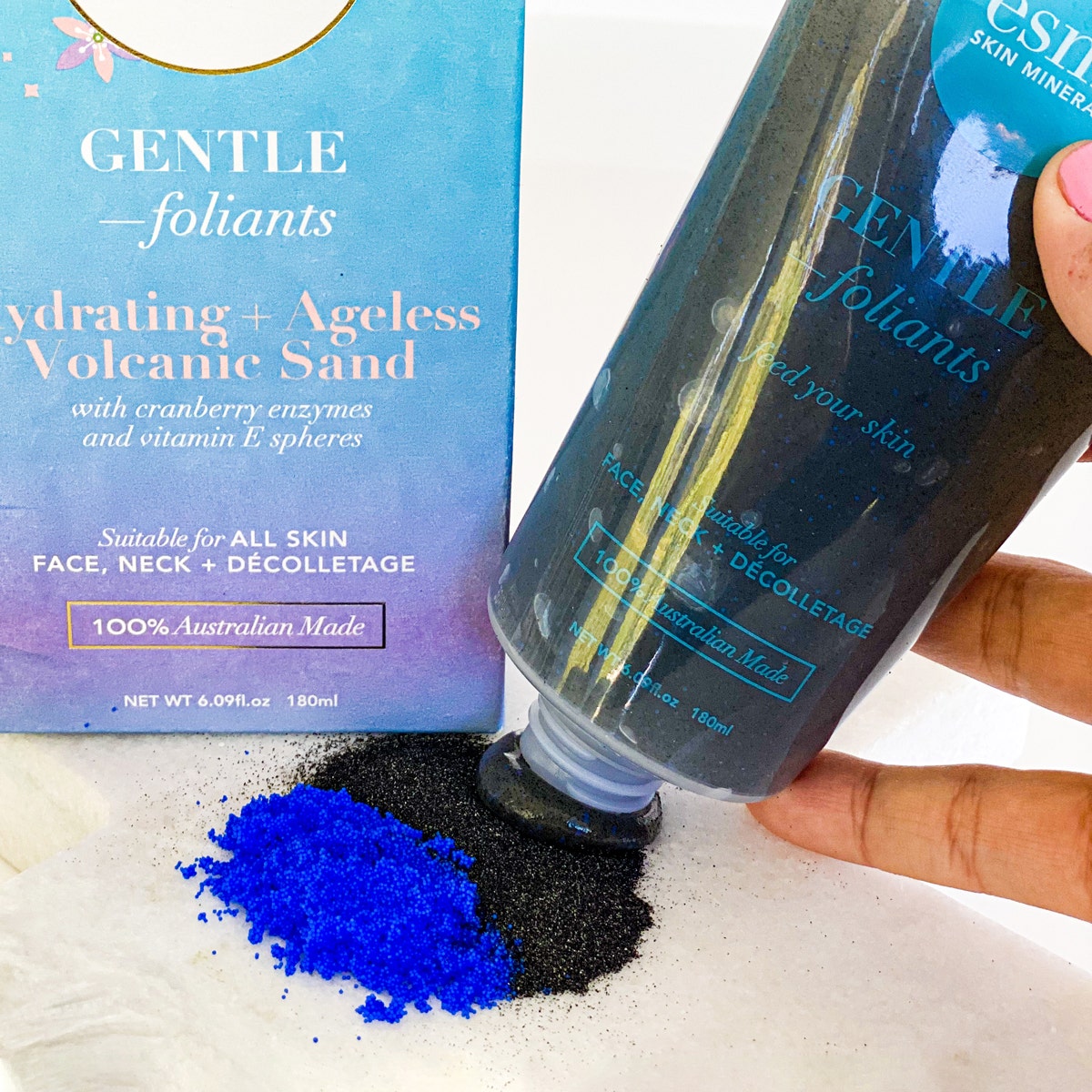 esmi hydrating and ageless volcanic sand gentle foliant contains sodium hyaluronate to combat dryness